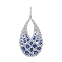 White Gold Sapphire Diamond Teardrop Pendant - 14k Round 1.65ctw