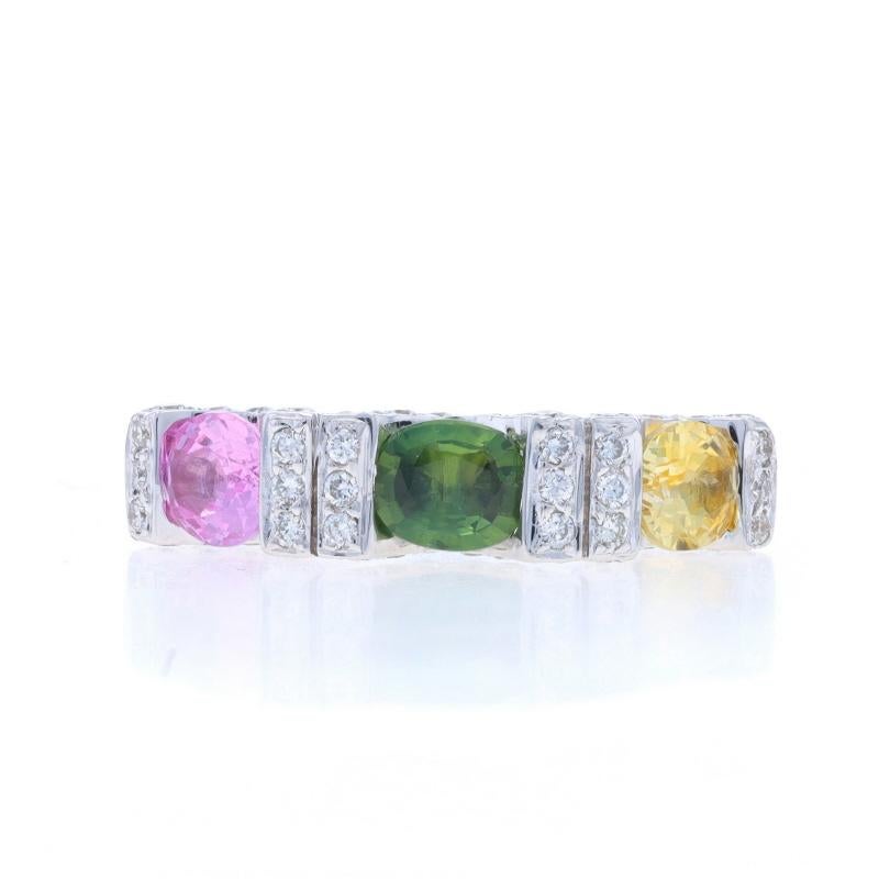 Size: 6 3/4
Sizing Fee: Up 1/2 a size for $60 or Down 1/2 a size for $40

Metal Content: 18k White Gold

Stone Information

Natural Sapphires
Treatment: Heating
Carat(s): 1.36ctw
Cut: Oval
Color: Pink, Green, & Yellow

Natural Diamonds
Carat(s):