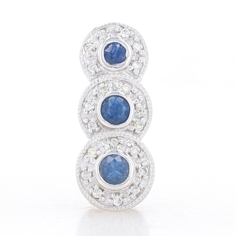 White Gold Sapphire & Diamond Three-Stone Journey Halo Pendant - 14k Rnd .44ctw In Good Condition For Sale In Greensboro, NC