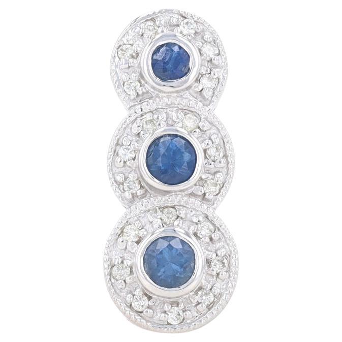 White Gold Sapphire & Diamond Three-Stone Journey Halo Pendant - 14k Rnd .44ctw For Sale