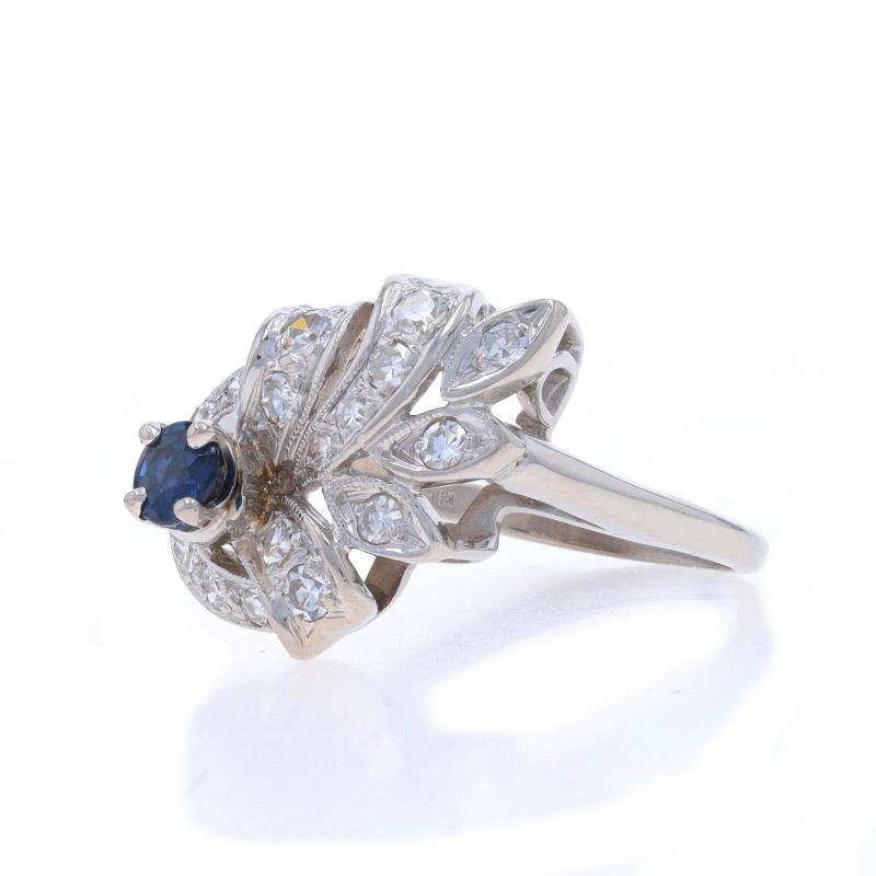 White Gold Sapphire Diamond Vintage Bypass Ring - 14k Round .89ctw Milgrain In Excellent Condition For Sale In Greensboro, NC