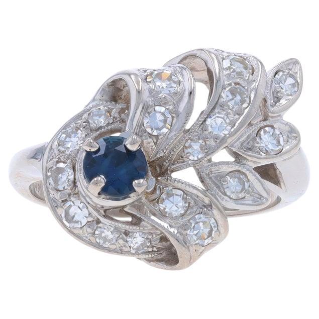 White Gold Sapphire Diamond Vintage Bypass Ring - 14k Round .89ctw Milgrain For Sale