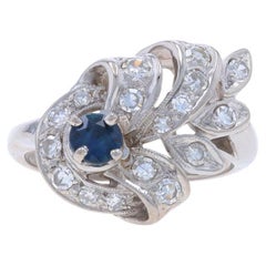 White Gold Sapphire Diamond Vintage Bypass Ring - 14k Round .89ctw Milgrain