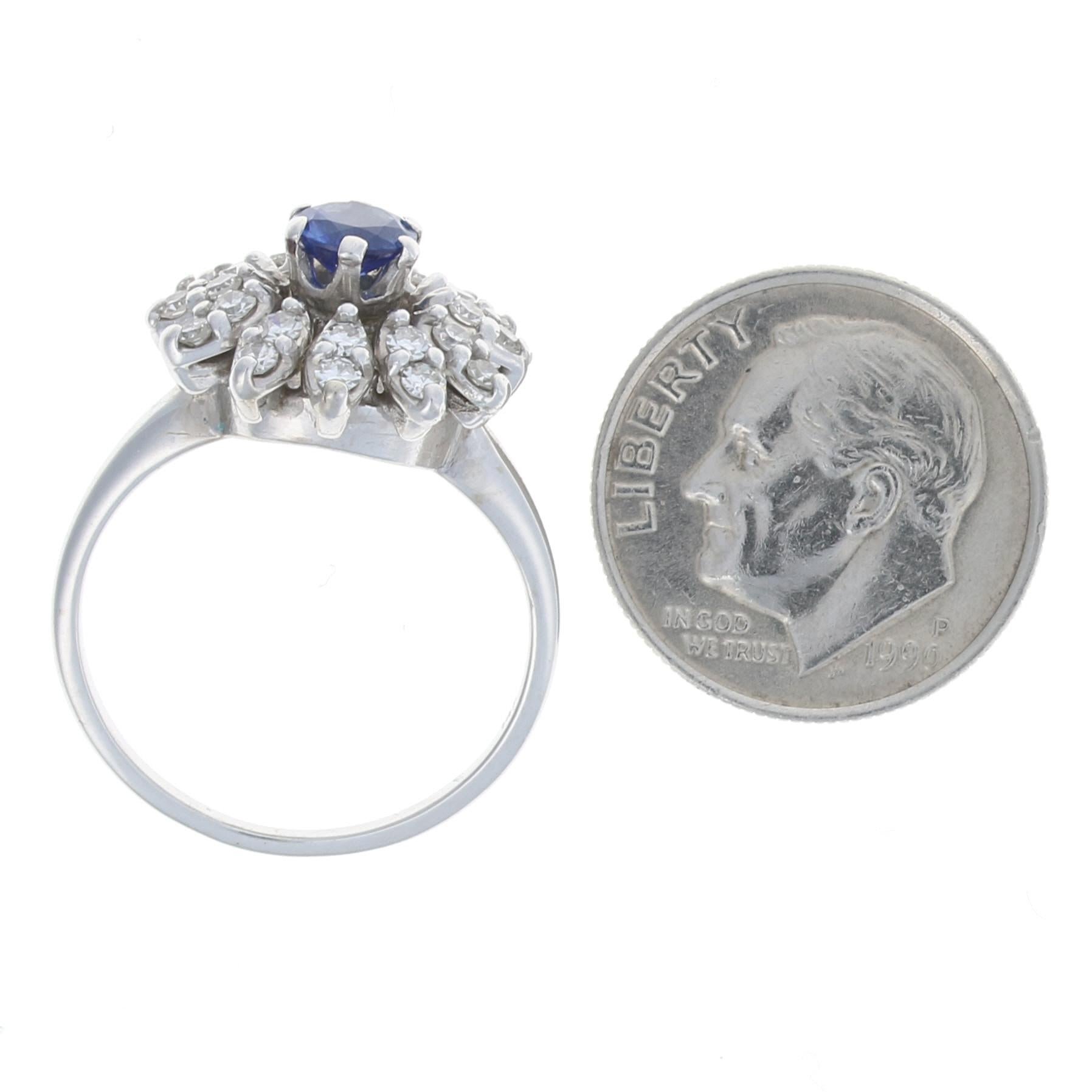 Uncut White Gold Sapphire & Diamond Vintage Halo Ring, 14k Round Cut .98ctw Flower