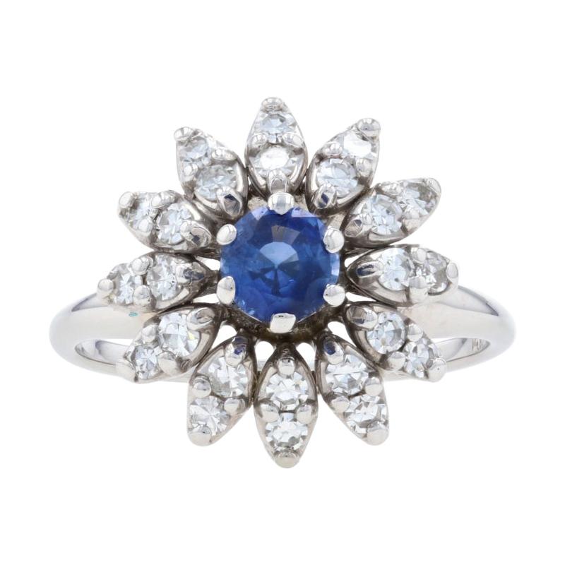 White Gold Sapphire & Diamond Vintage Halo Ring, 14k Round Cut .98ctw Flower