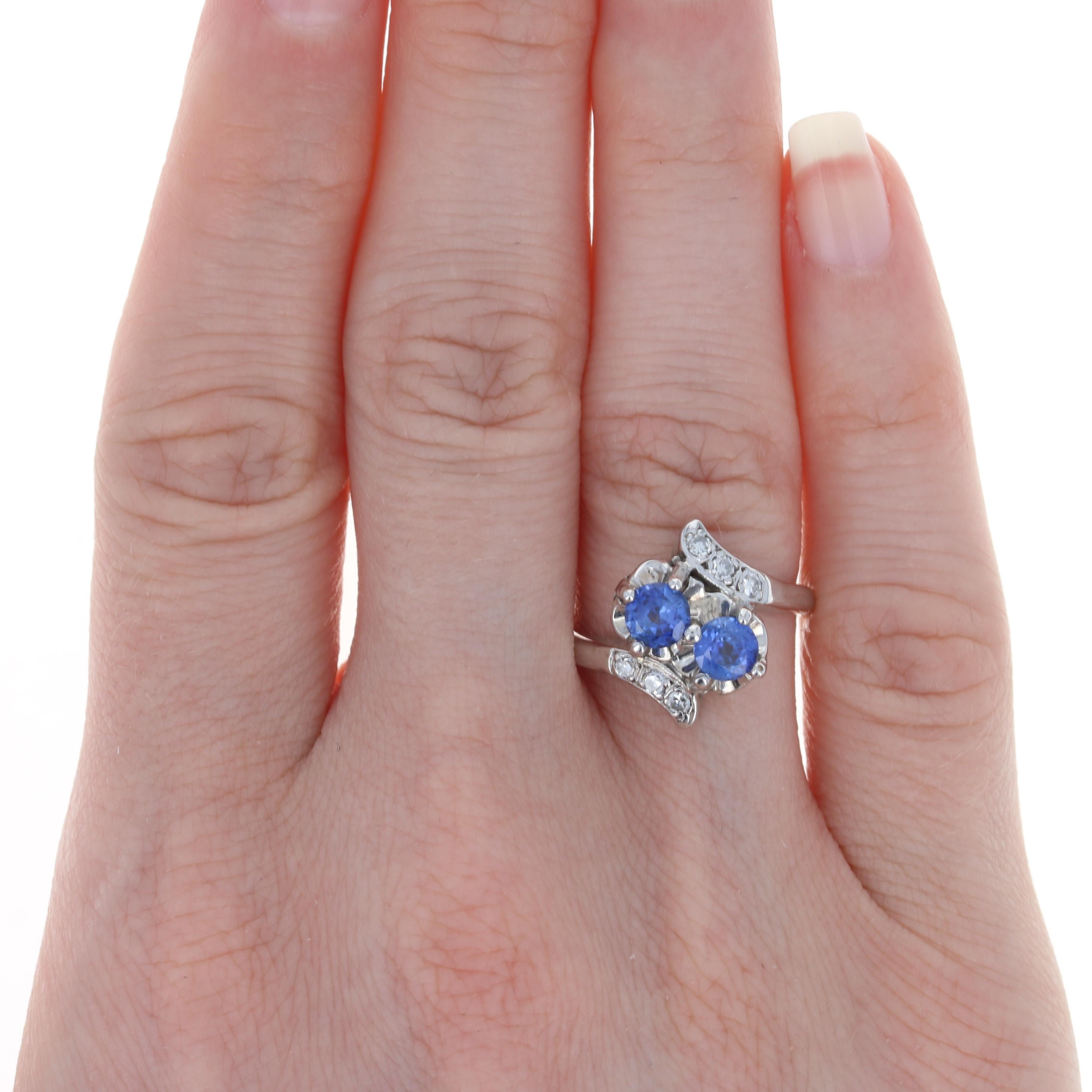 For Sale:  White Gold Sapphire & Diamond Vintage Two-Stone Bypass Ring, 14k Round 1.22ctw 2