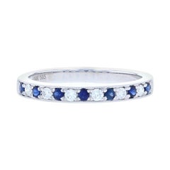 Vintage White Gold Sapphire & Diamond Wedding Band, 14k Round Cut .32ctw Milgrain Ring