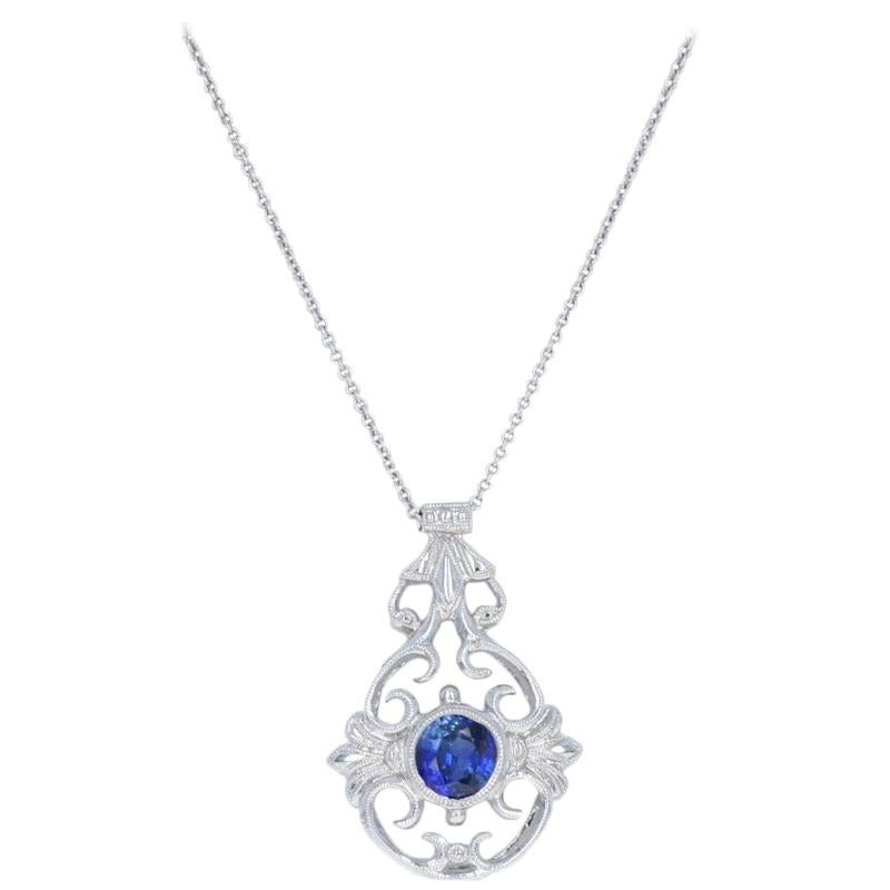 White Gold Sapphire Pendant Necklace, 14k & 18k Round Cut 1.14 Carat Milgrain