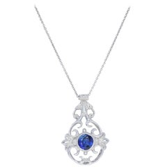 White Gold Sapphire Pendant Necklace, 14k & 18k Round Cut 1.14 Carat Milgrain