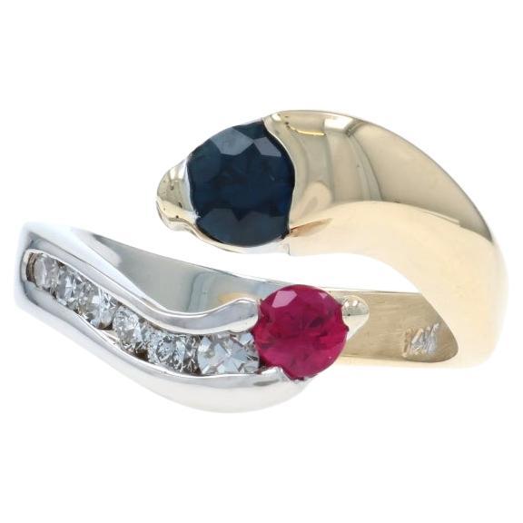White Gold Sapphire Ruby Diamond Ring - 14k Round .97ctw Two-Stone Bypass SZ 5