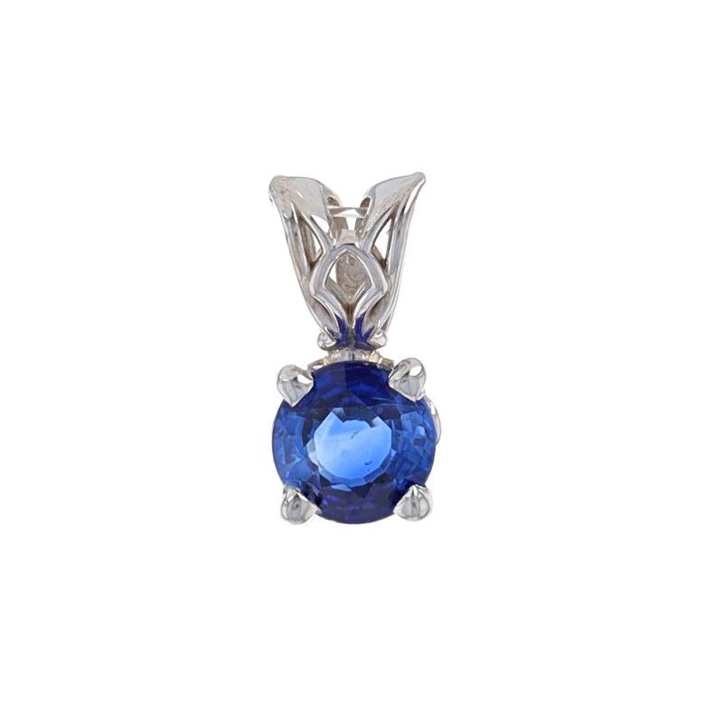Metal Content: 14k White Gold

Stone Information
Natural Sapphire
Treatment: Heating
Carat(s): .48ct
Cut: Round
Color: Blue

Total Carats: .48ct

Style: Solitaire

Measurements
Tall (from stationary bail): 13/32