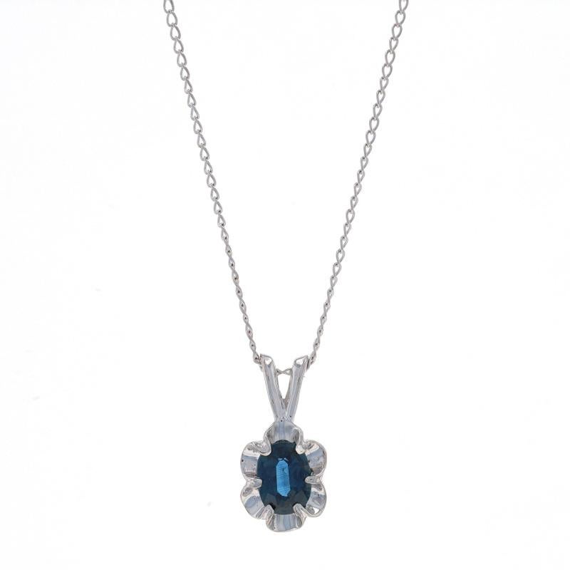 Metal Content: 14k White Gold

Stone Information
Natural Sapphire
Treatment: Heating
Carat(s): .55ct
Cut: Oval
Color: Blue

Total Carats: .55ct

Style: Solitaire
Chain Style: Curb
Necklace Style: Chain
Fastening Type: Spring Ring Clasp
Theme: