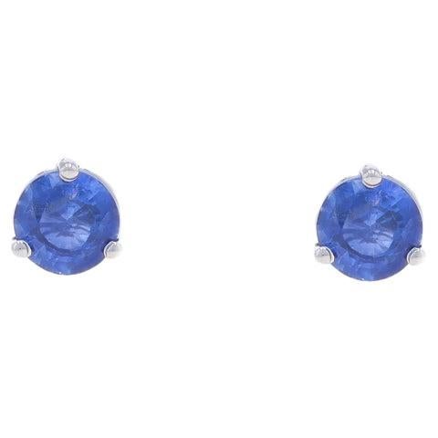 White Gold Sapphire Stud Earrings - 14k Round 1.01ctw Pierced Screw-Ons For Sale