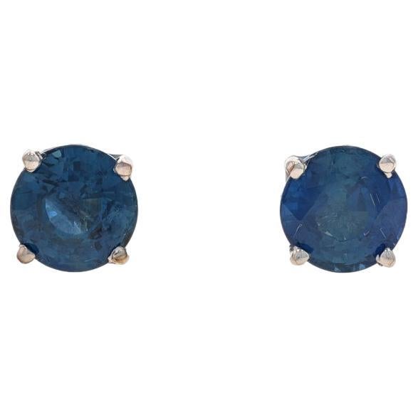 White Gold Sapphire Stud Earrings - 14k Round 3.10ctw Pierced For Sale