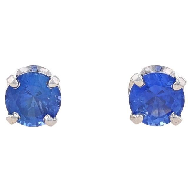 White Gold Sapphire Stud Earrings - 14k Round .87ctw Pierced Screw-Ons For Sale