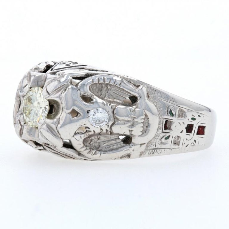 White Gold Scottish Rite 32nd Degree Vintage Ring, 10k Diamonds Masonic ...