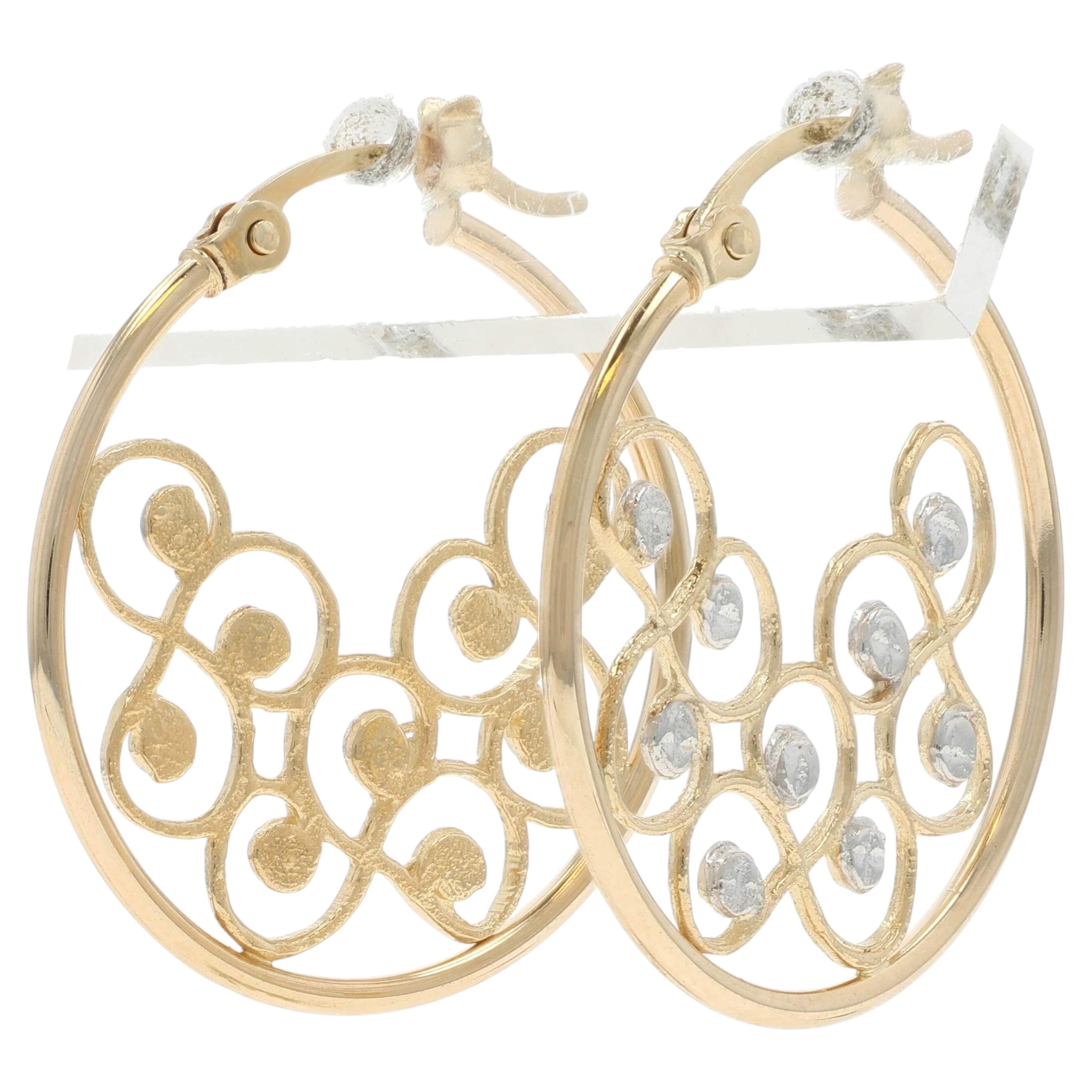 White Gold Scrolling Vine Hoop Earrings - 14k Botanical Petals Pierced