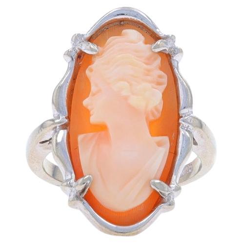 White Gold Shell Cocktail Solitaire Ring - 14k Carved Cameo Silhouette For Sale