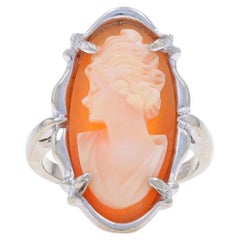 White Gold Shell Cocktail Solitaire Ring - 14k Carved Cameo Silhouette