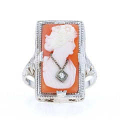 White Gold Shell Diamond Art Deco Ring - 14k Carved Cameo Vintage Silhouette