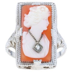 White Gold Shell Diamond Art Deco Ring - 14k Carved Cameo Vintage Silhouette