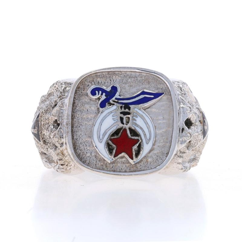 Size: 10
Sizing Fee: Up 1 size for $50 or Down 1 size for $40

Organization: Shriners & Scottish Rite

Metal Content: 10k White Gold

Material Information
Enamel
Color: Red, White, Blue, & Black

Measurements
Face Height (north to south): 5/8