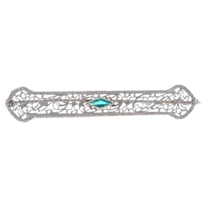 White Gold Simulated Emerald Art Deco Bar Brooch -10k Marq Vintage Filigree Pin For Sale