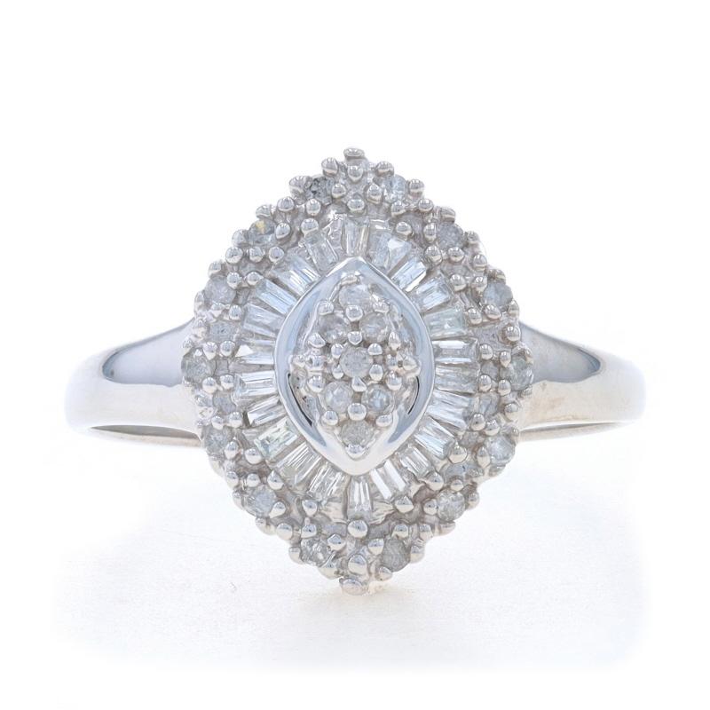 Size: 7
Sizing Fee: Up 2 sizes for $40 or Down 1 size for $40

Metal Content: 10k White Gold

Stone Information

Natural Single & Baguette
Carat(s): .25ctw
Cut: Single & Baguette
Color: G - H
Clarity: I1 - I2

Total Carats: .25ctw

Style: Cluster