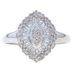 White Gold Single & Baguette Cluster Cocktail Halo Ring 10k .25ctw