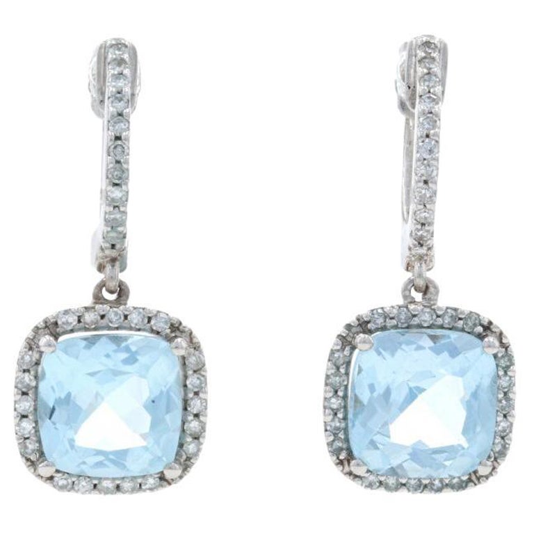 Weißgold Himmelblauer Topas Diamant Huggie Hoop Halo Ohrringe 14k Kissen Cushion 3,48ctw