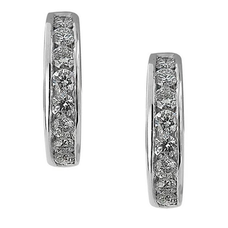 Modern White Gold Small Hoop Diamond Earrings For Sale