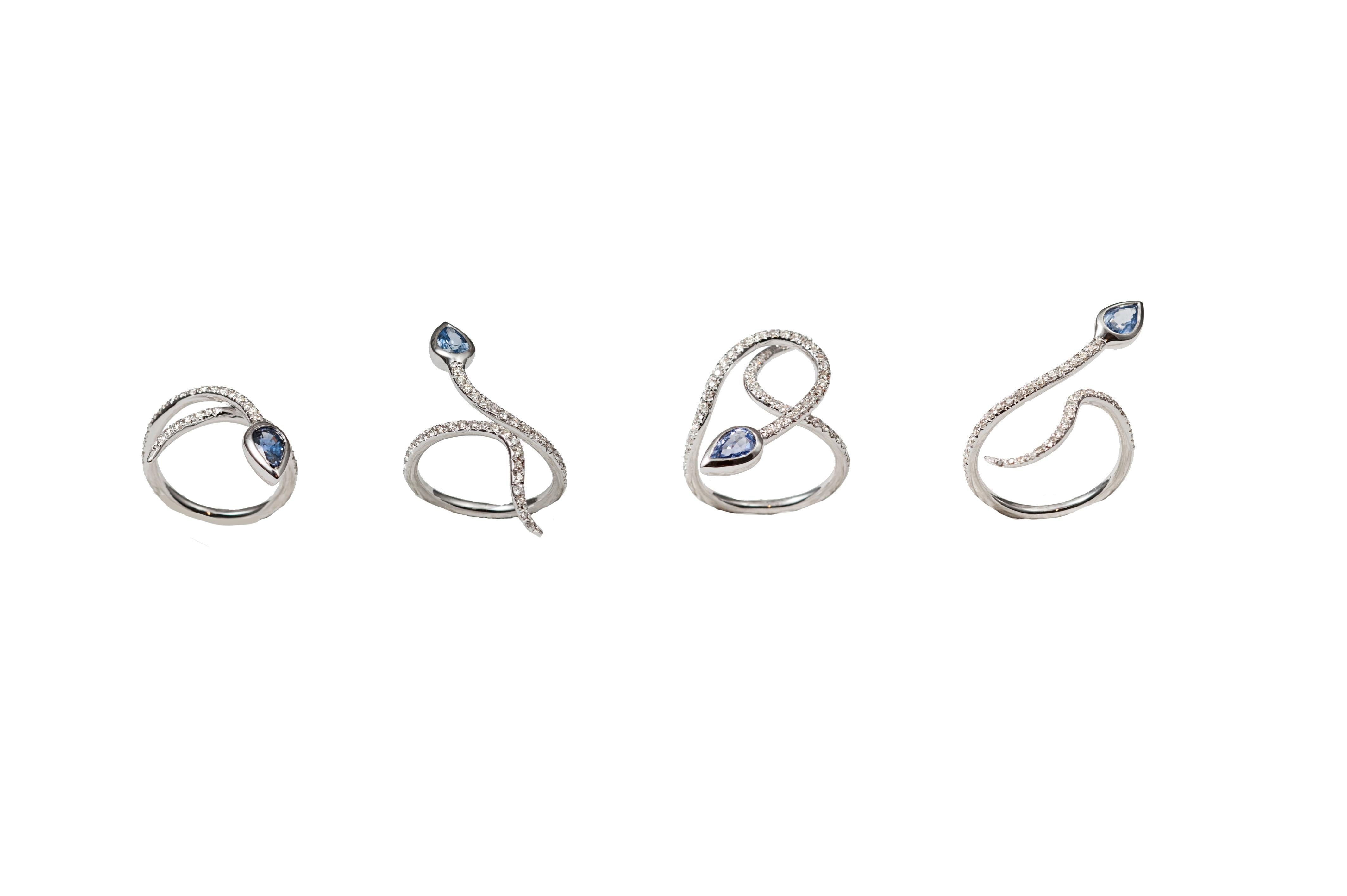 Women's White Gold Snakes Ring with Diamonds and Sapphire For Sale