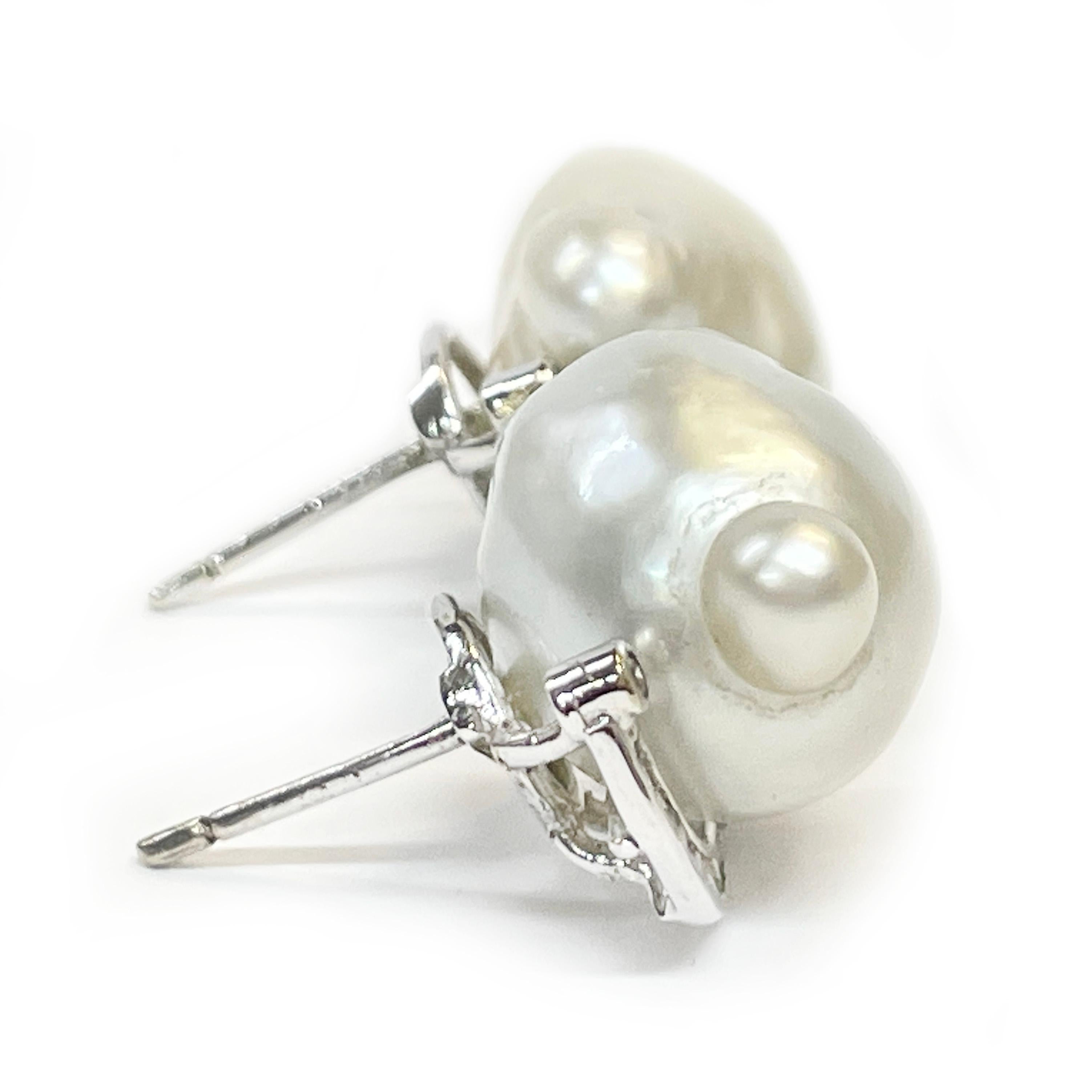 Contemporary White Gold South Sea Baroque Pearl Diamond Earrings For Sale