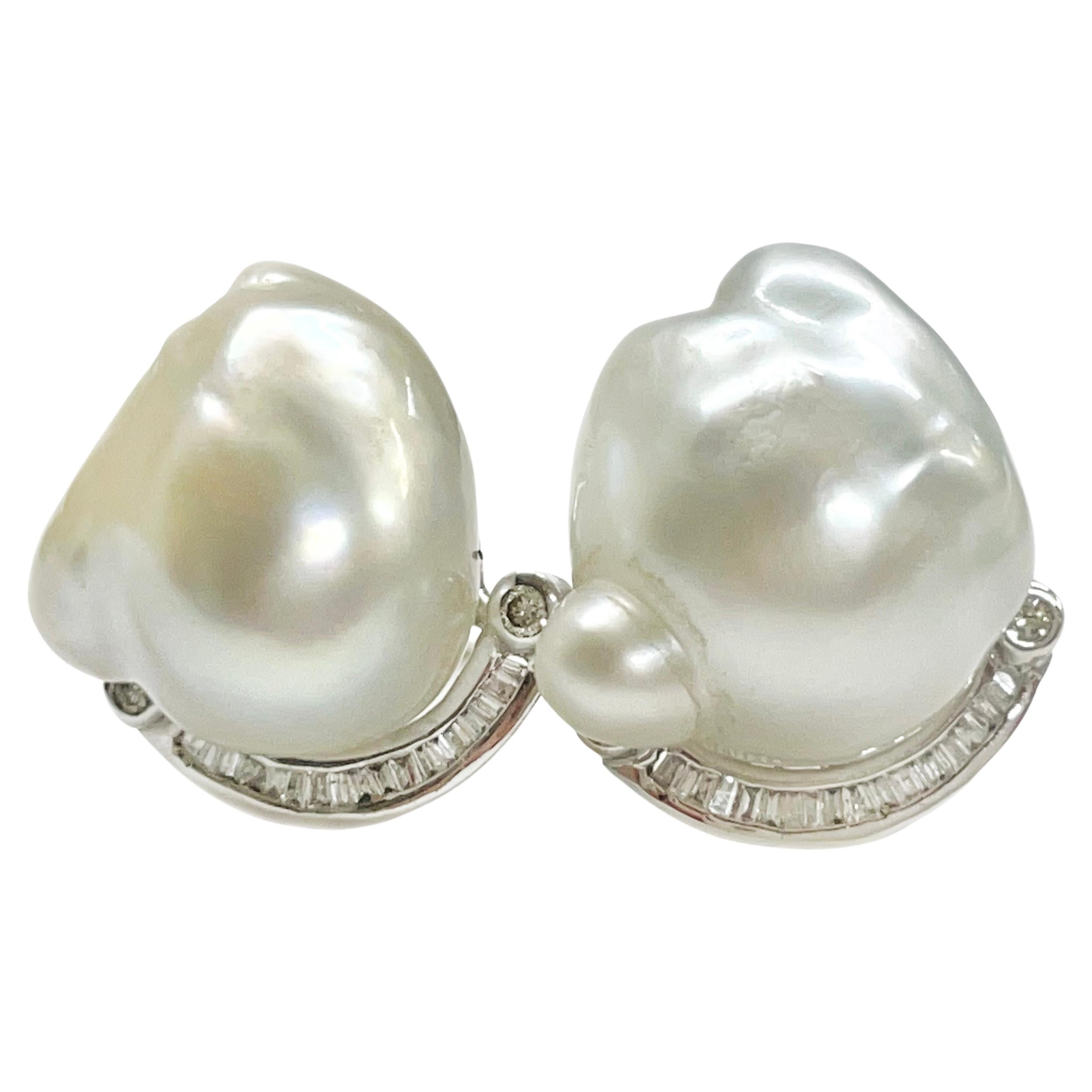White Gold South Sea Baroque Pearl Diamond Earrings For Sale