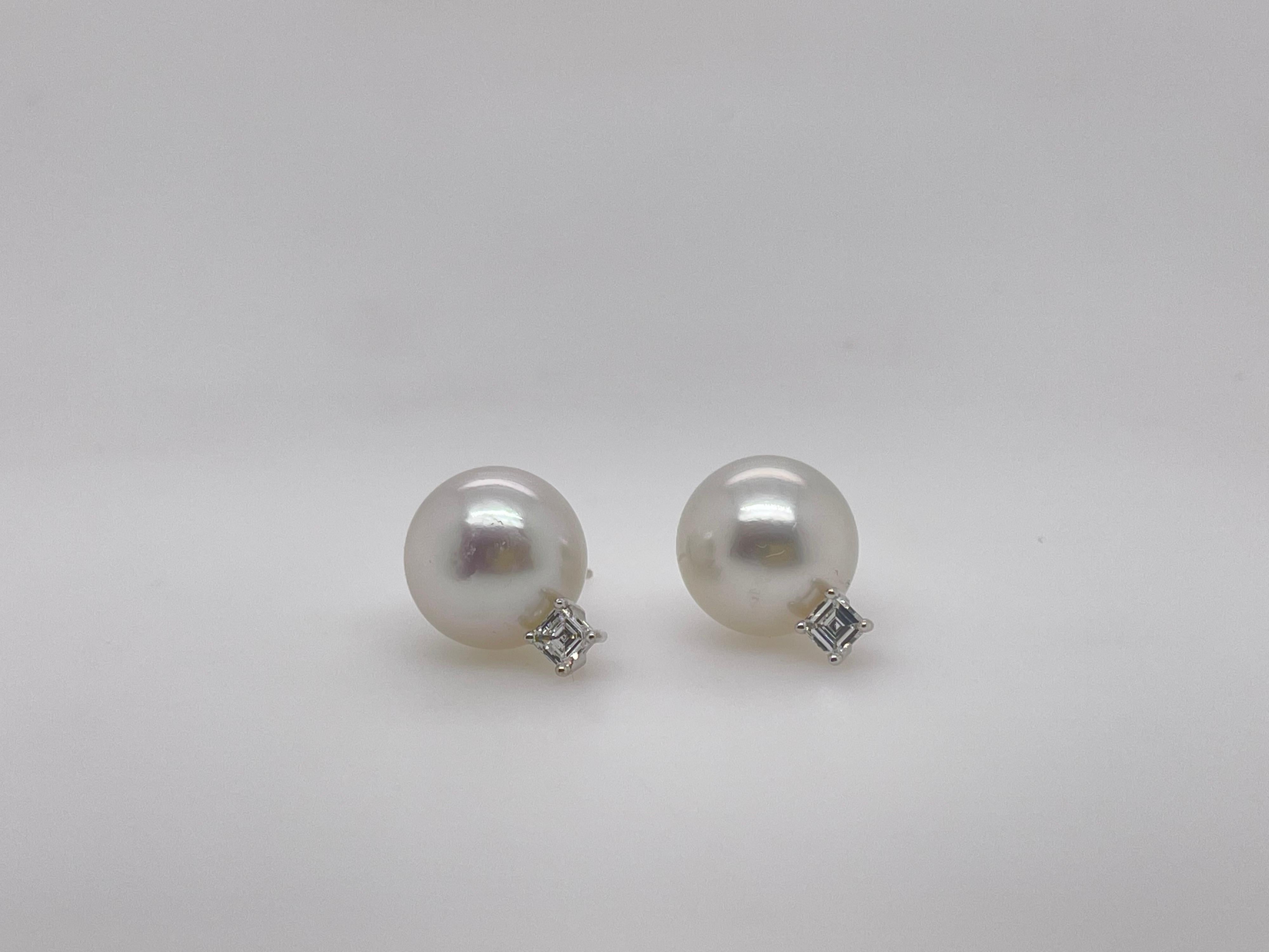 White Gold South Sea Pearl & Diamond Stud Earrings
14kt white gold 
12.5-13mm pearls
2 diamonds= 0.40ct VS F 
