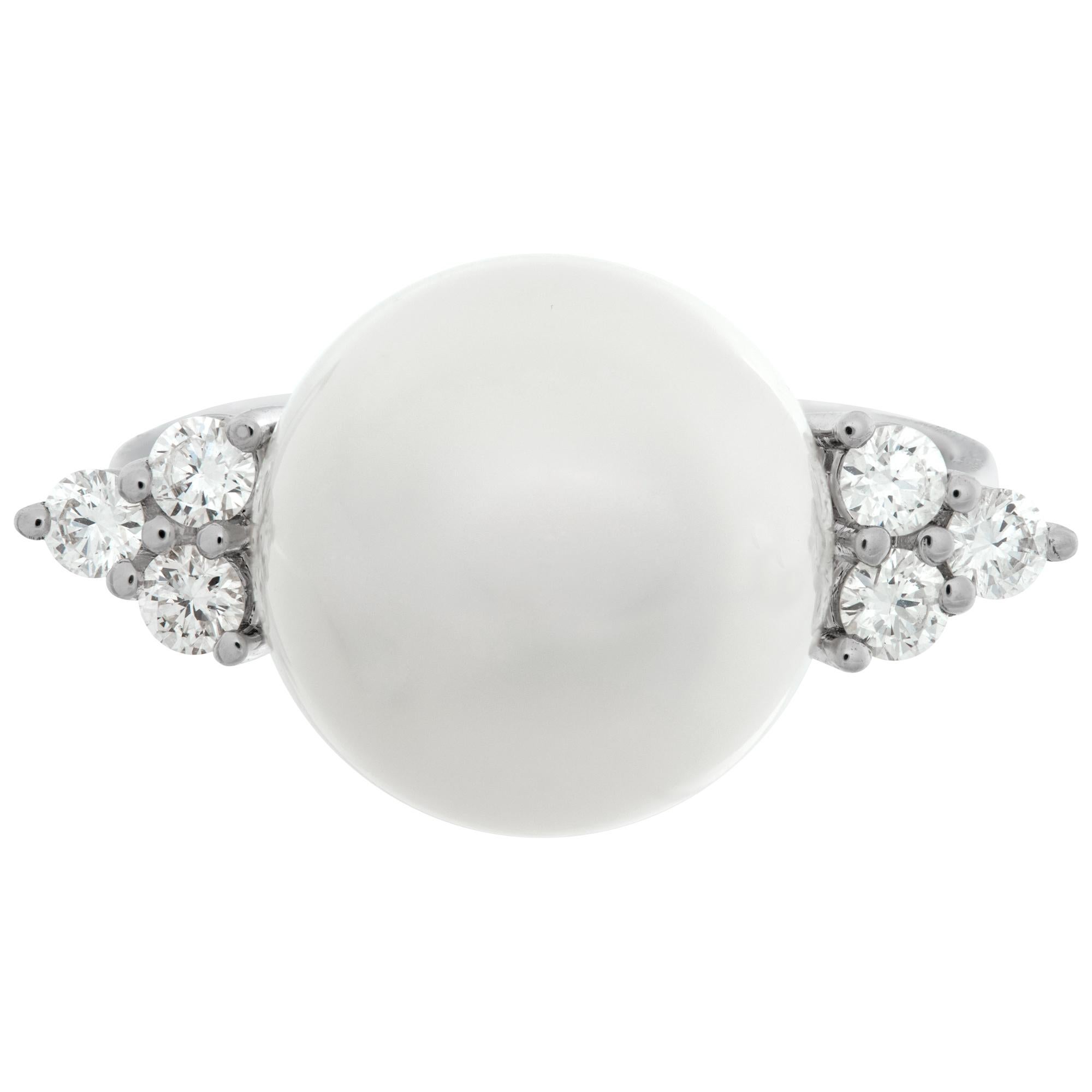 South sea pearl (11.5 x12mm) & diamonds ring, set in 18k white gold with round brilliant cut diamonds total approximate weight: 0.36 carat, estimate: G-H color, VS clarity. Size 6.75.This Pearl/diamond ring is currently size 6.75 and some items can