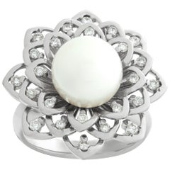 Vintage White gold  South Sea Pearl flower diamond ring