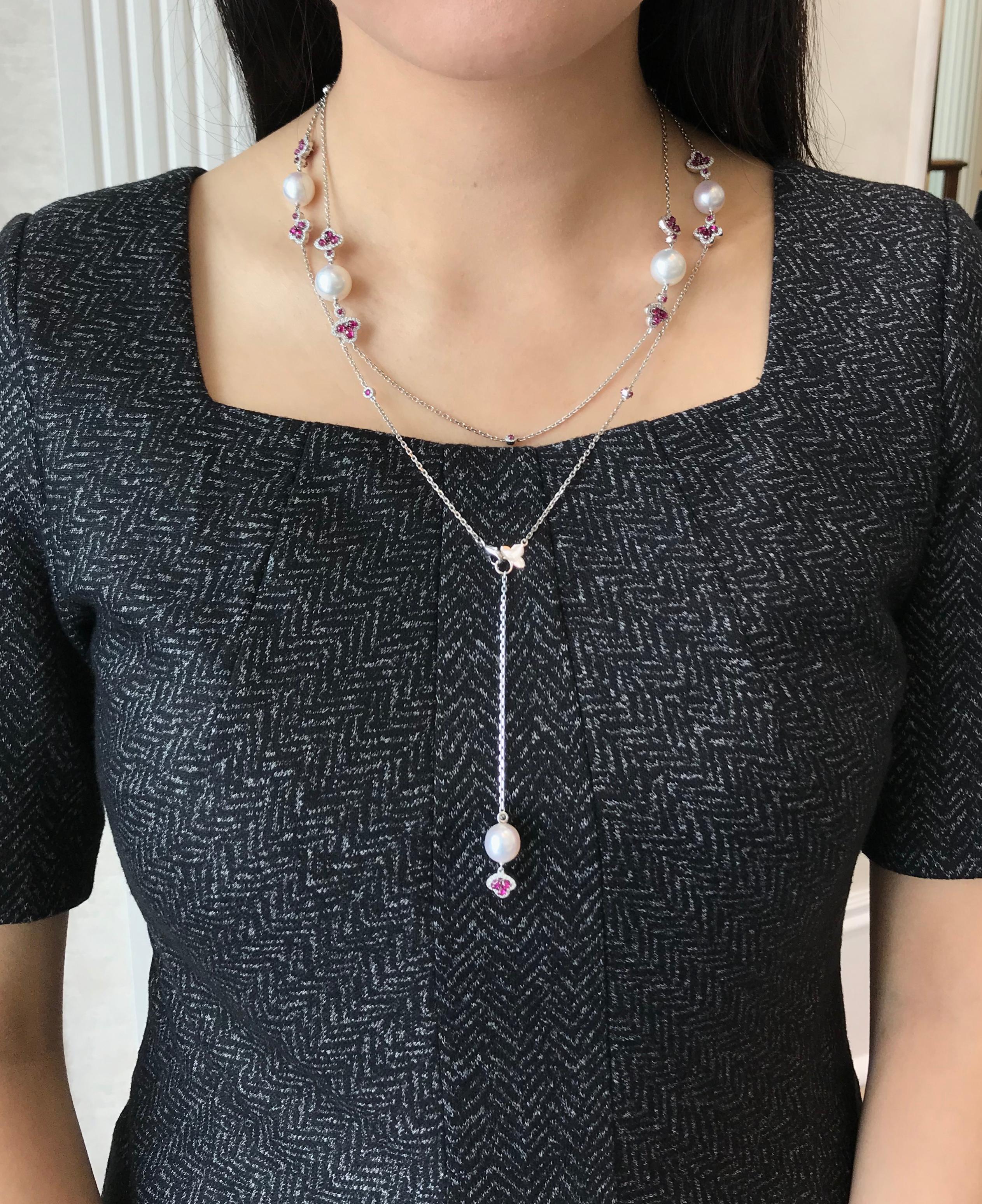 White Gold South Sea Pearl Ruby and Diamond Long Necklace For Sale 2