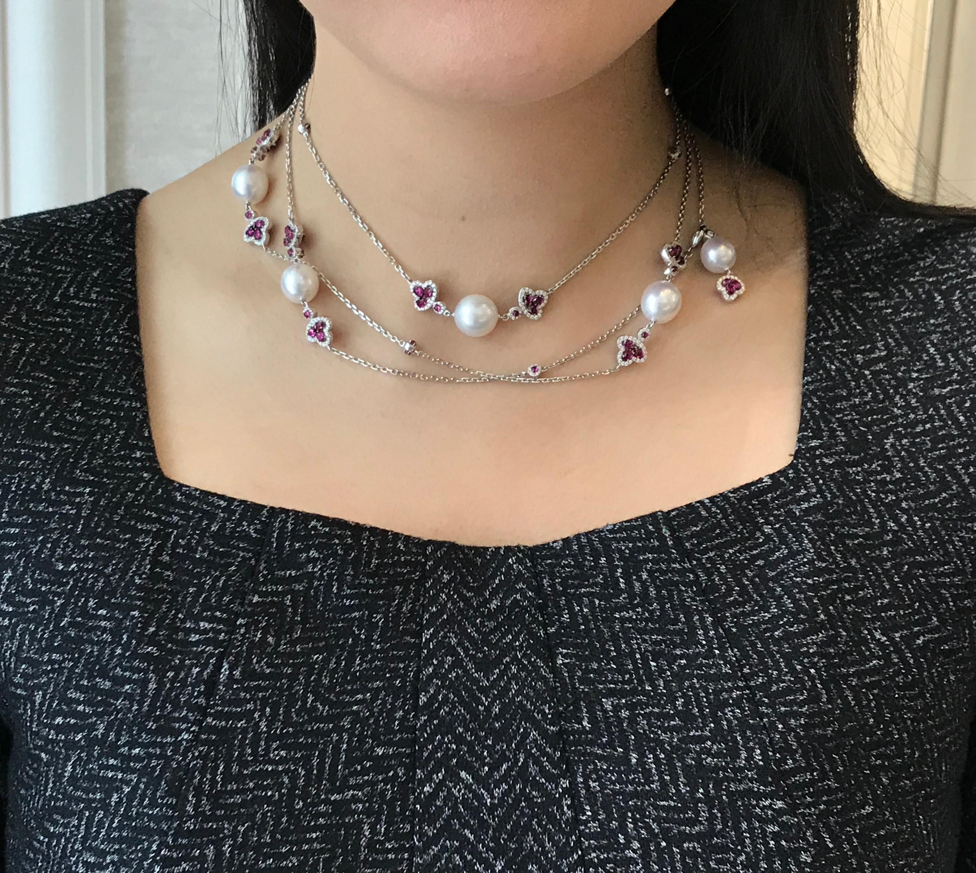 White Gold South Sea Pearl Ruby and Diamond Long Necklace For Sale 3