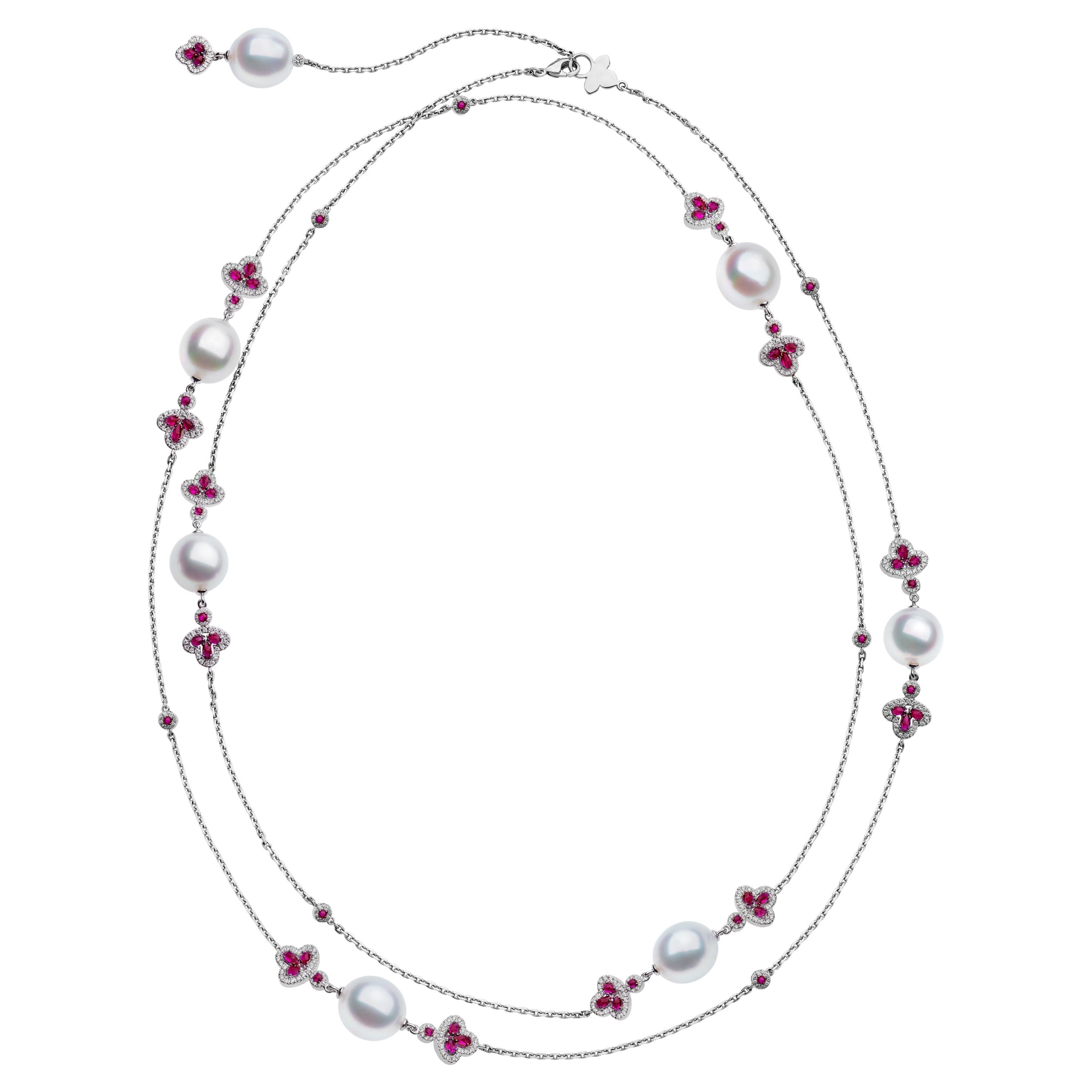 White Gold South Sea Pearl Ruby and Diamond Long Necklace For Sale