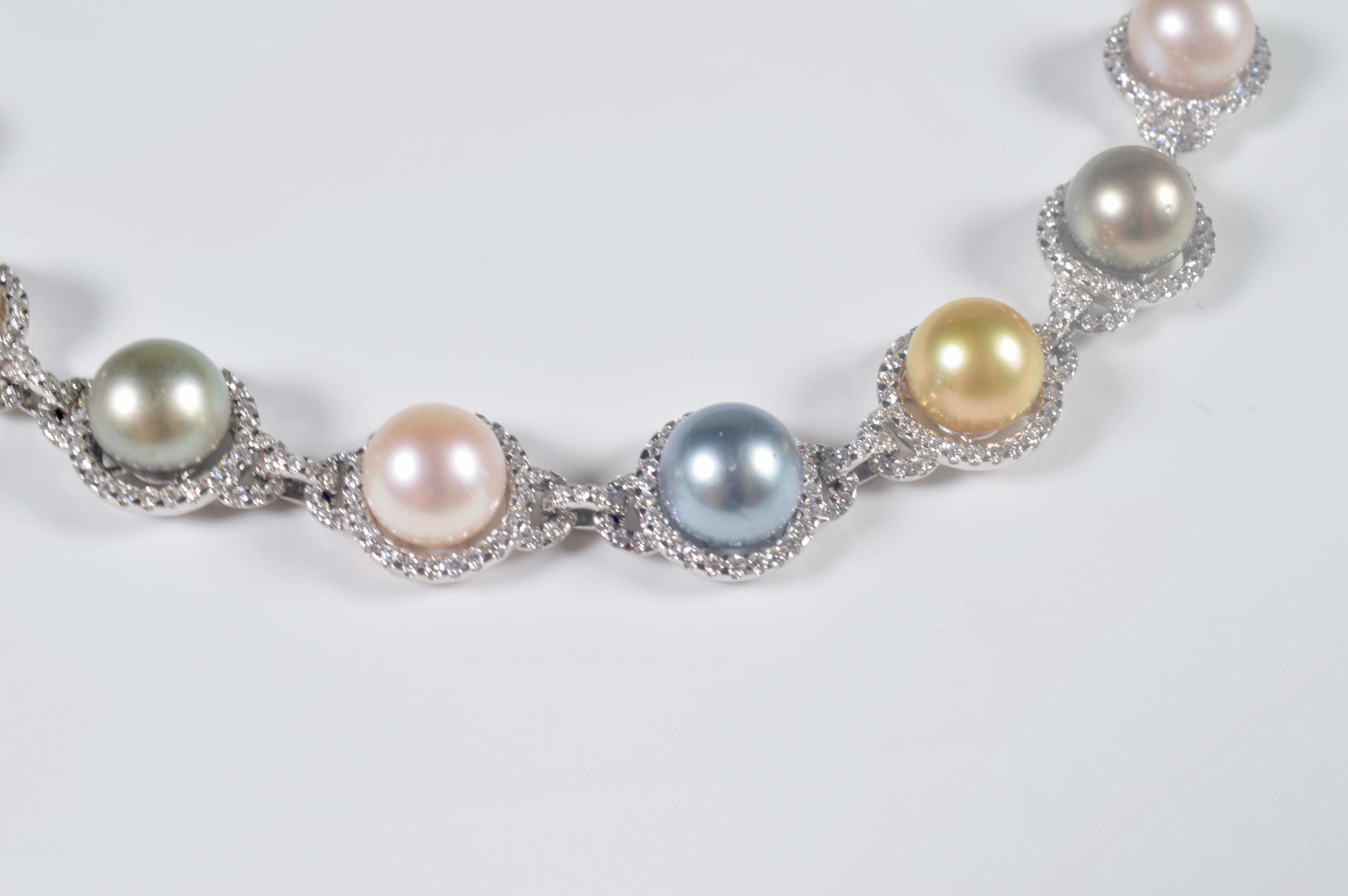 Modern White Gold, South Sea Pearl, Tahitian Pearl and Diamond Necklace 9.53 Carat