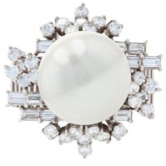 White Gold South Seas Pearl 
Diamond Vintage Halo Ring, 18k Baguette 1.34 Carat