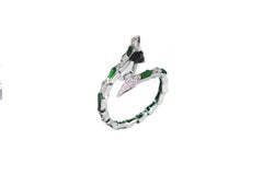 White Gold Spiral Snake Hoop Earrings with Pavé Diamonds and Green Enamel