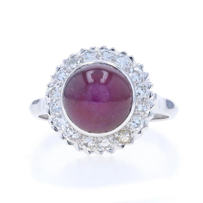 White Gold Star Ruby & Diamond Vintage Halo Ring - 14k Round Cabochon 7.56ctw