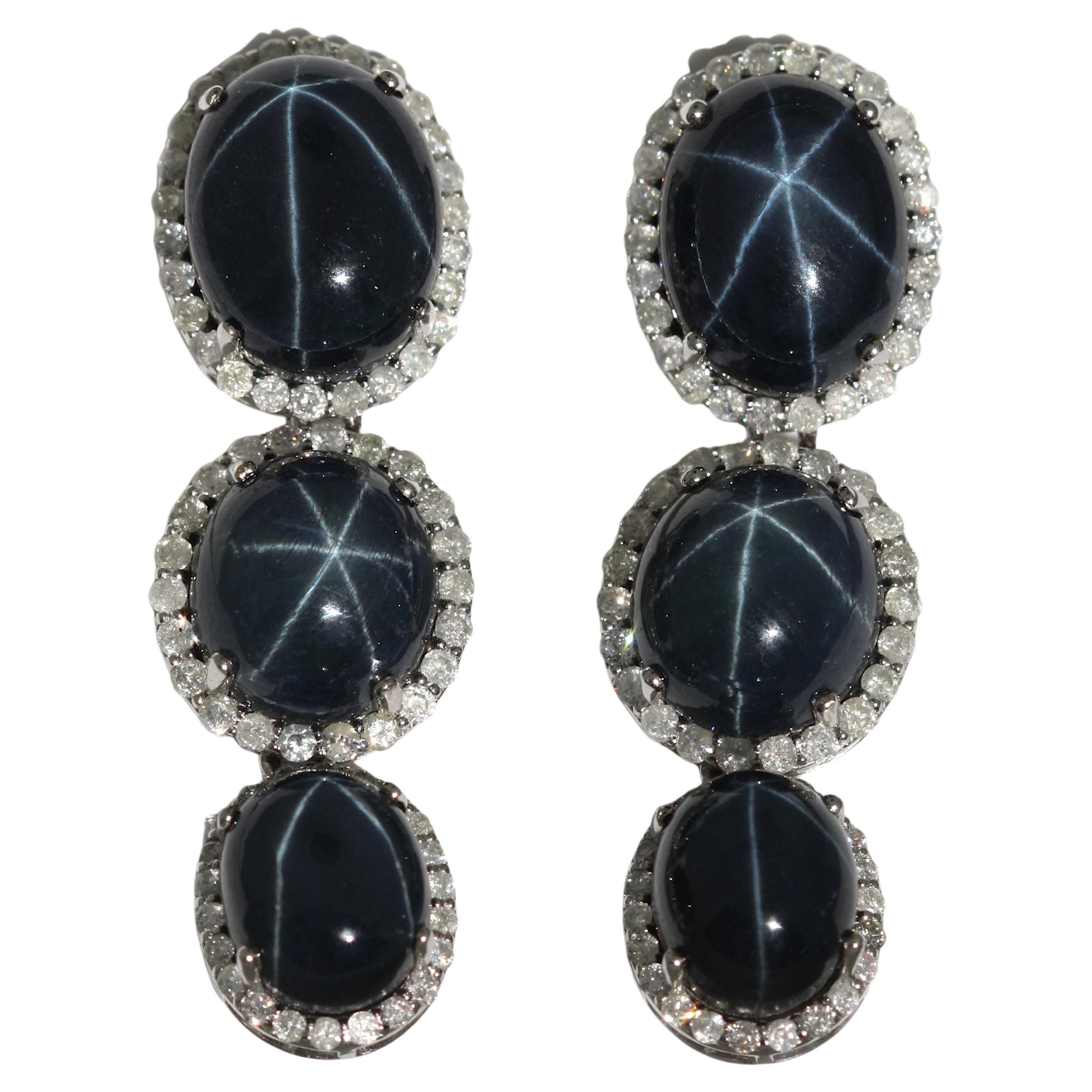 White Gold Star Sapphire and Diamond Dangle Earrings at 1stDibs | natural  star sapphire earrings