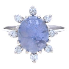 Anillo con halo de diamantes y zafiro estrella de oro blanco - 14k Cabujón oval 4,32ctw