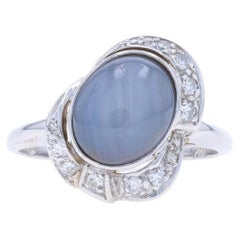 White Gold Star Sapphire & Diamond Vintage Ring - 14k Oval Cabochon 6.34ctw