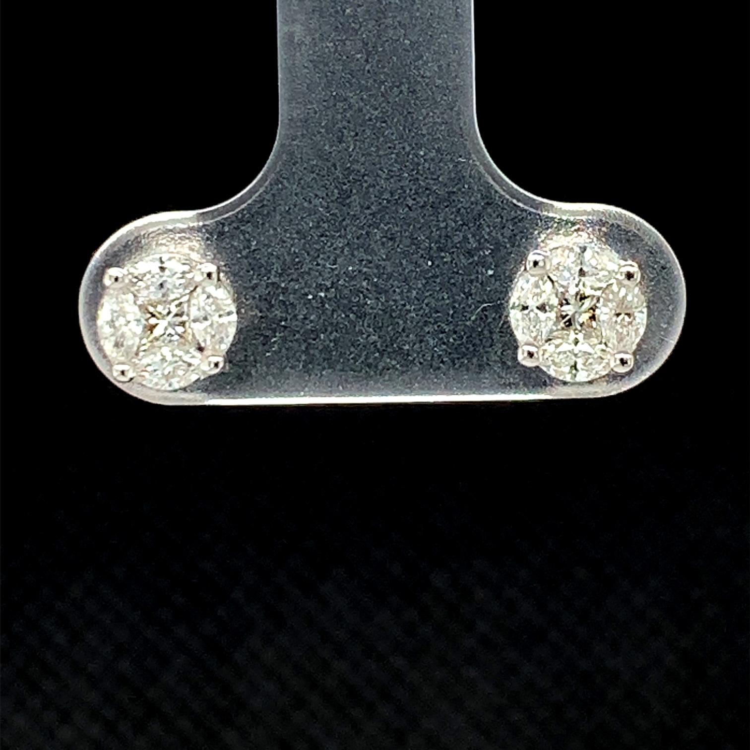 Artisan Diamond Illusion Stud Earrings in White Gold, 1.16 Carat Total  For Sale