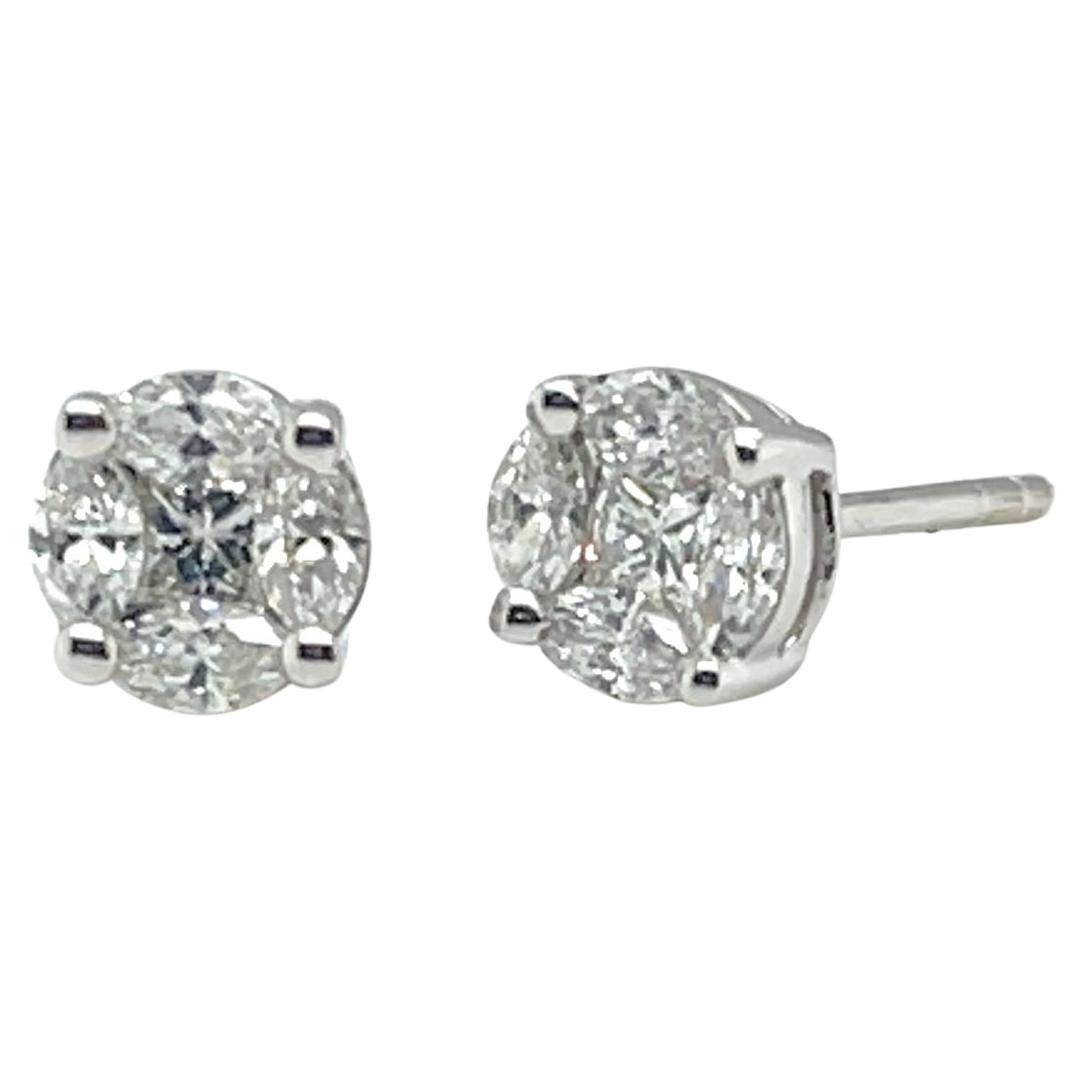 Diamond Illusion Stud Earrings in White Gold, 1.16 Carat Total