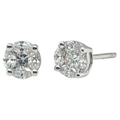 Used Diamond Illusion Stud Earrings in White Gold, 1.16 Carat Total 